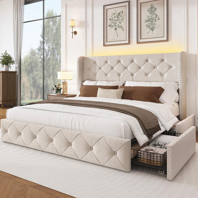 LARMACE Queen Size Bed Frame with LED Lights and 4 Storage Drawers Linen Upholstered Platform Bed Frame with Tufted Headboard Wingback, No Box Spring Needed, Easy to Assemble, Beige