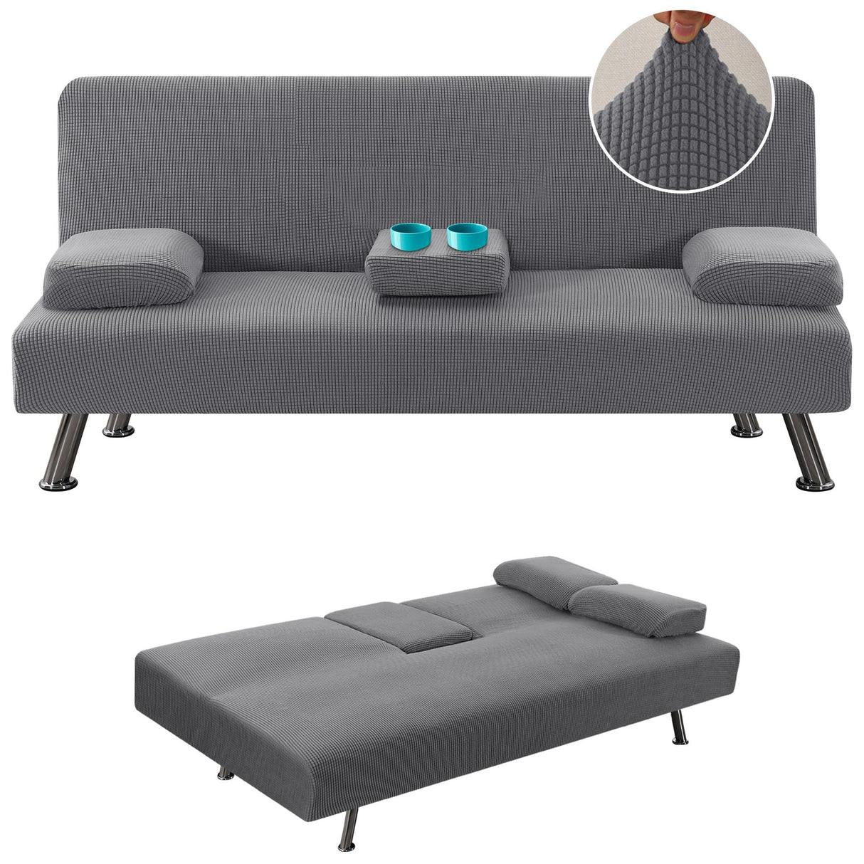 H.VERSAILTEX 4 Pieces Stretch Futon Covers Sofa Bed Slipcover with Removable Armrests and Cupholders Covers Furniture Protector High Spandex Small Checks Jacquard Fabric, Grey H.VERSAILTEX