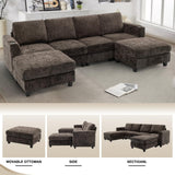 Lesofair 110" Chenille Sectional Sofa with Movable Ottomans, Modular U-Shape Couch with Cup Holders, Convertible 4 Seater Sofa with Well-Filled Backrest Cushions for Living Room, House, Brown Lesofair