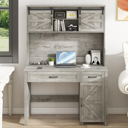 Farmhouse 47" Executive Desk, Computer Desk with Drawers and Storage Cabinet, Workstation Computer Desk with Hutch for Home Office - WoodArtSupply