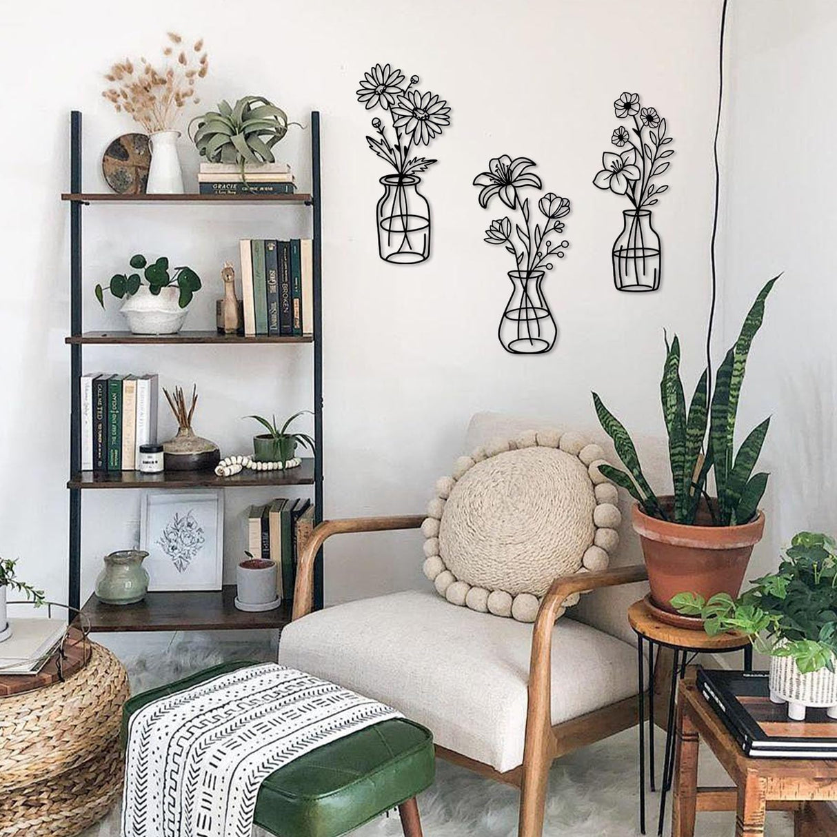 OYEFLY 3 Pieces Metal Flowers Wall Arts,Black Metal Vase Wall Art,Rustic Farmhouse Decor (Black) OYEFLY