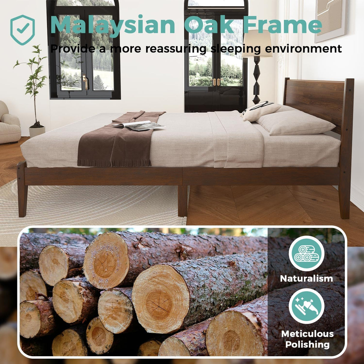 MORDEER Queen Size Bed Frame with Farmhouse Headboard, Malaysian Oak Queen Bed Frame No Box Spring Needed, Platform Bedframe with 12 Slats Support, Easy Assembly, Antique Espresso MORDEER