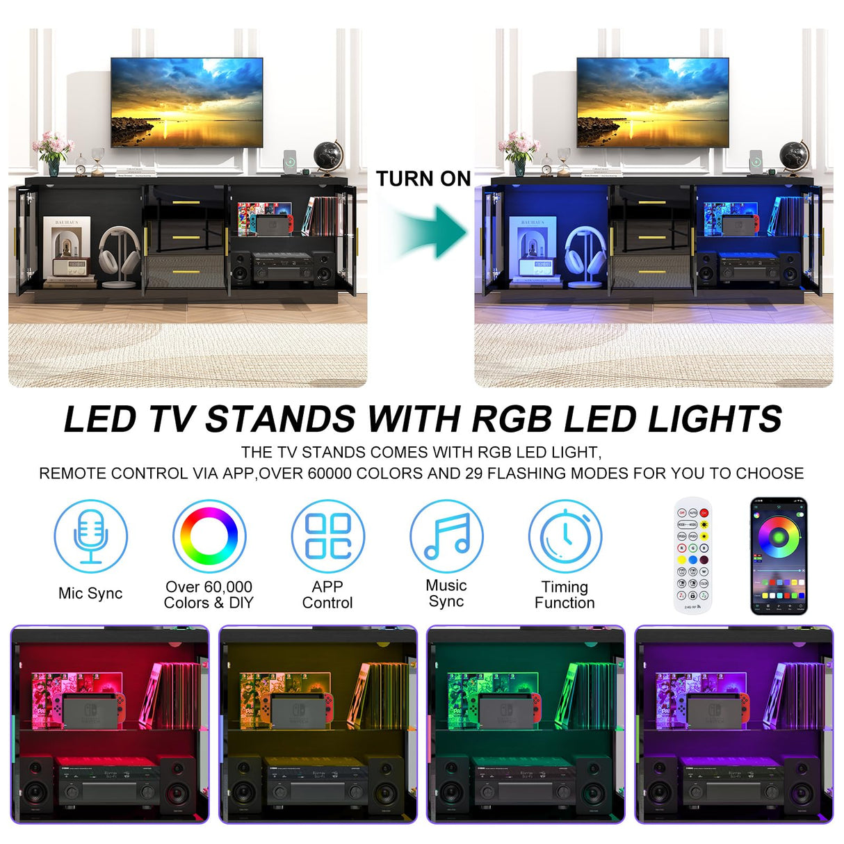 69" LED TV Stand for 70/75/80 inch TV,Modern Entertainment Center with Power Outlets,High Glossy Media Console Table Storage Cabinet with Open Shelves & Drawers for Living Room, Bedroom-Black jiteentarou