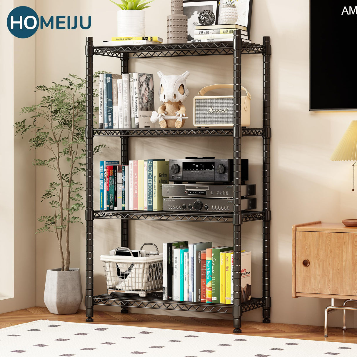 Homeiju 4 Tier Shelving Unit,Heavy-Duty Height Adjustable Storage Rack 1300 LBS Capacity with Adjustable Feet ,Metal Storage Shelves Wire Shelf for Kitchen Garage Laundry ,13.77"D x 35.43"W x 54.33"H Homeiju