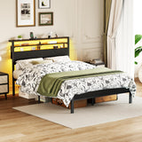Furnulem Full Size Bed Frame with Headboard & 2 Fabric Drawers, Full Platform Bed Featuring LED Lights, Built-in Charging Station & Storage Shelves, Metal Slats, No Box Spring Needed – Black Oak Furnulem