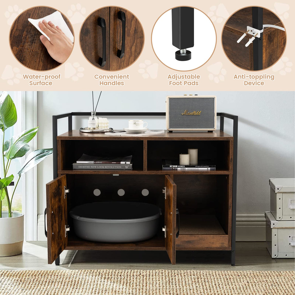 Giantex Cat Litter Box Enclosure - Cat Washroom Hidden Furniture with Front Entry, Cat Scratcher, 2-Door Storage Cabinet, 2 Compartments, Air Vents, Metal Frame, Wooden Pet Crate House (Rustic Brown) Giantex