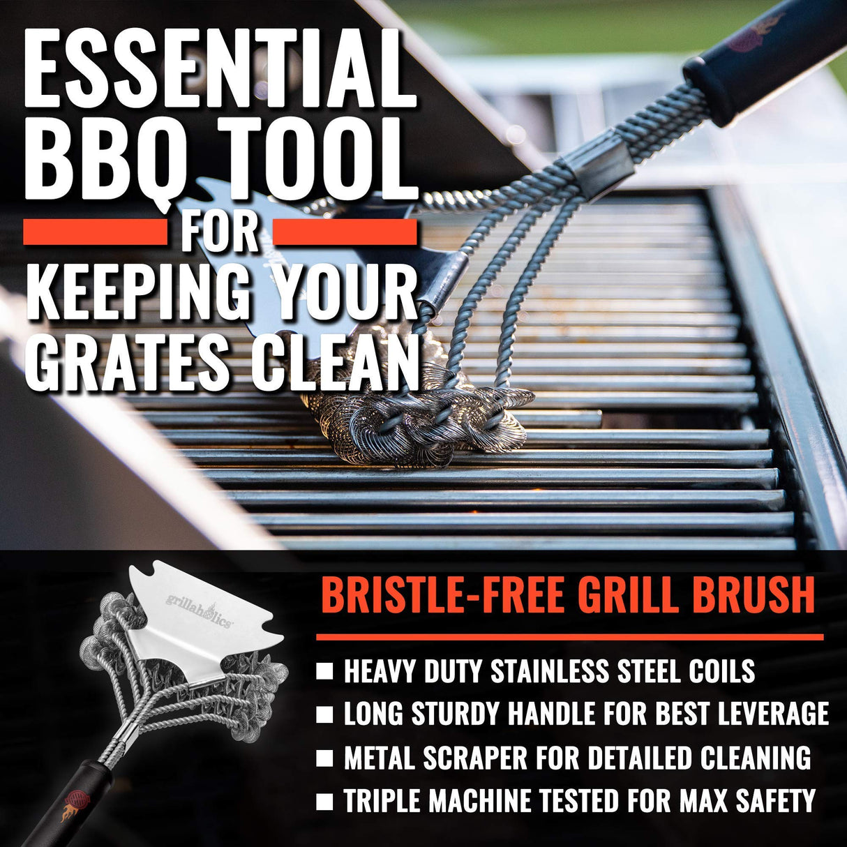 Grillaholics Grill Brush Bristle Free - Safe Grill Cleaning with No Wire Bristles - Professional Heavy Duty Stainless Steel Coils and Scraper - Lifetime Manufacturers Warranty Grillaholics