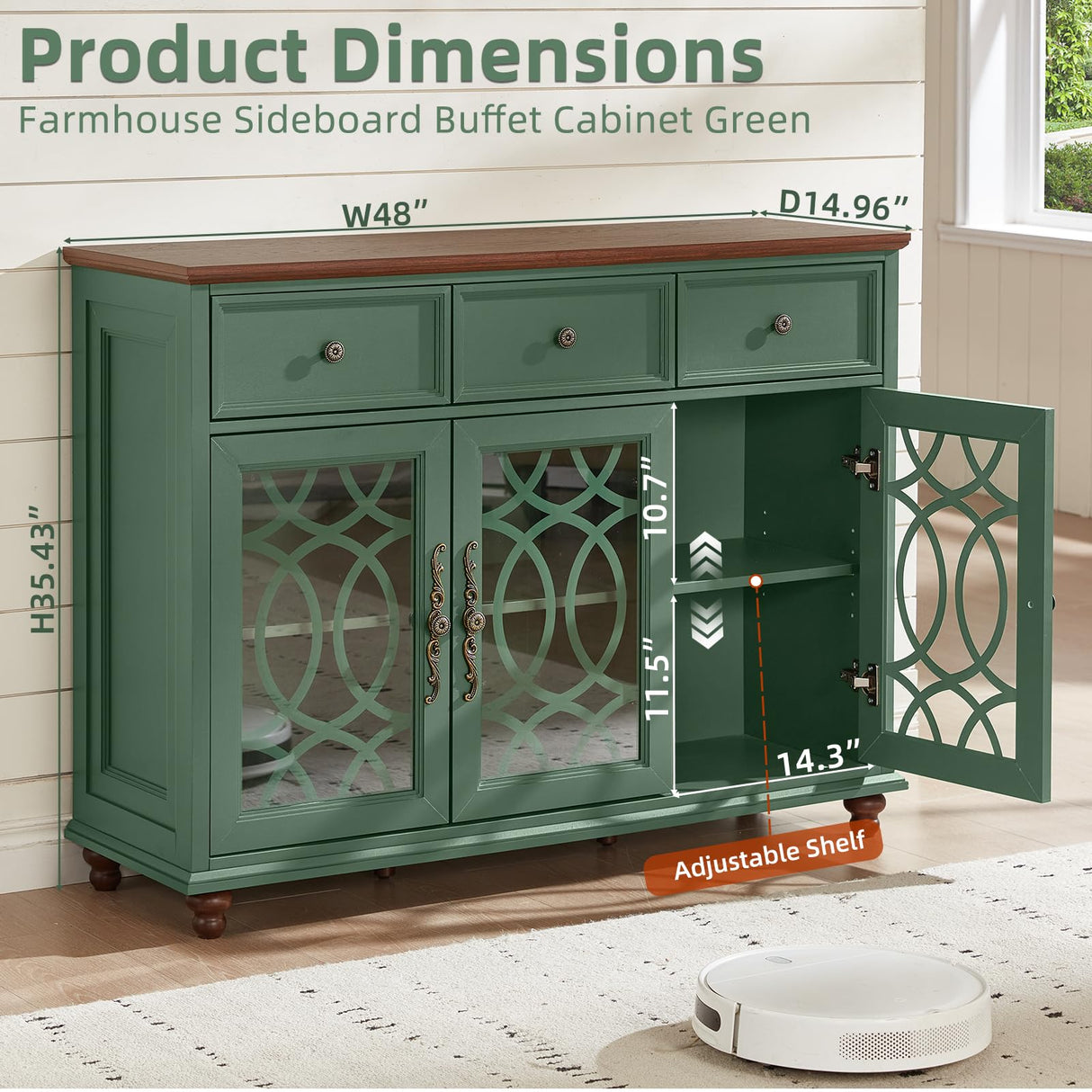 Joaxswe Farmhouse Sideboard Buffet Cabinet with Storage,48" Large Credenza with 3 Glass Doors & 3 Drawers,Adjustable Shelves Console Table,Wood Kitchen Coffee Bar for Dining Room,Living Room,Green Joaxswe