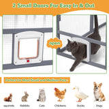 Catio Outdoor Cat Enclosure, 53.5ft² Extra Large Wooden Cat Catio Outdoor Cat House with Weatherproof Roof, Walk-in Doors with Lock, Window Access, 110" L x 71" W x 74" H, Grey Nyeekoy