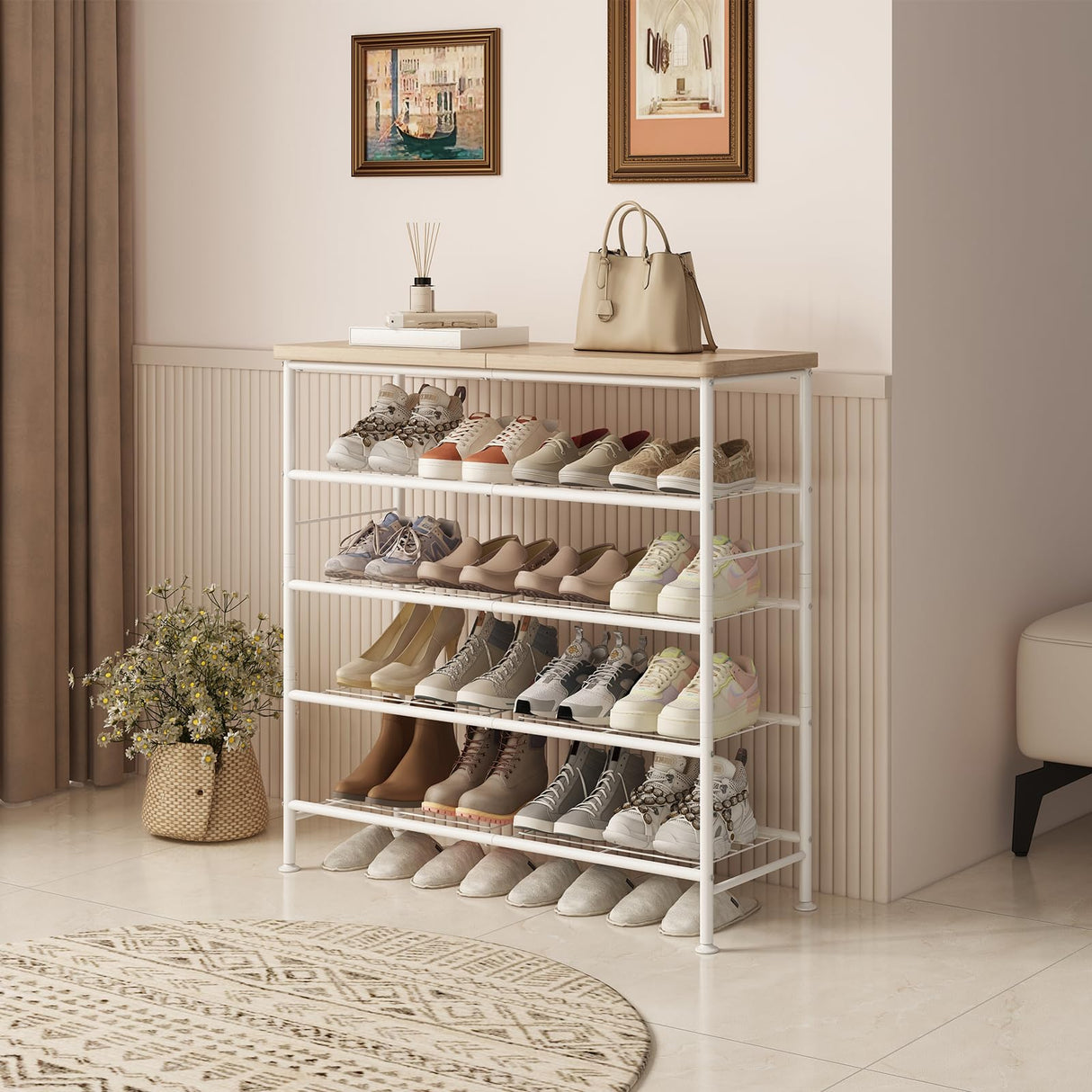SUOERNUO Shoe Rack Organizer 5 Tier for Closet Entryway Free Standing Metal Storage Shoe Shelf with MDF Top Board，White+Oak SUOERNUO