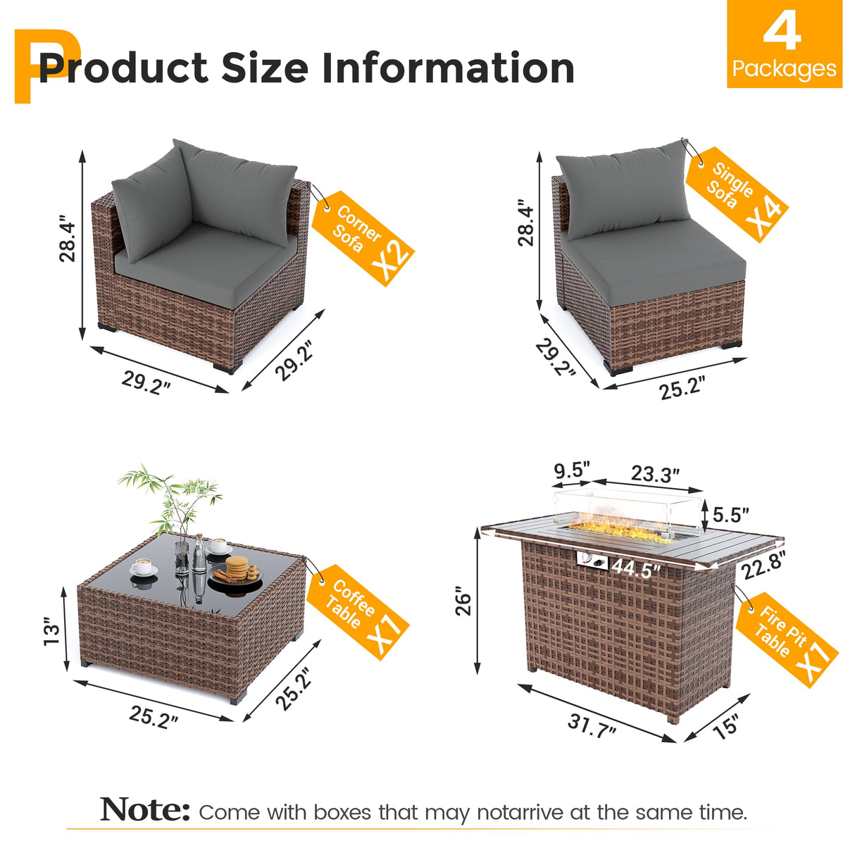 UDPATIO Outdoor Patio Furniture Set with Fire Pit Table, 8 Piece Outdoor Sectional Sofas, All-Weather Wicker Patio Conversation Set for Garden, Backyard Dark Grey UDPATIO