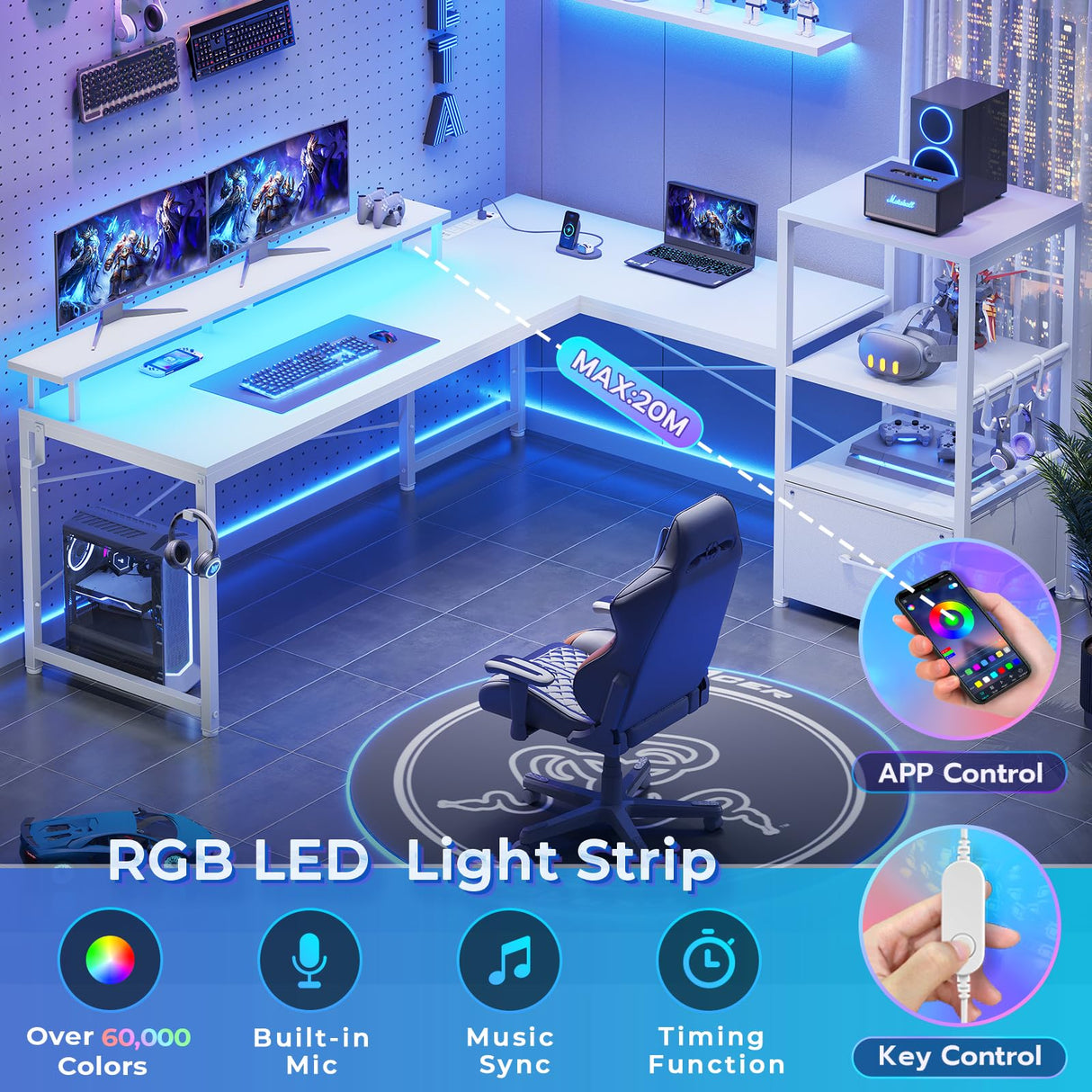 SEDETA White L Shaped Desk with Fabric Drawer, Reversible 51” Corner Desk with Storage Shelves, L Shaped Gaming Desk with LED Strip, Power Outlet and Monitor Shelf for Home Office SEDETA