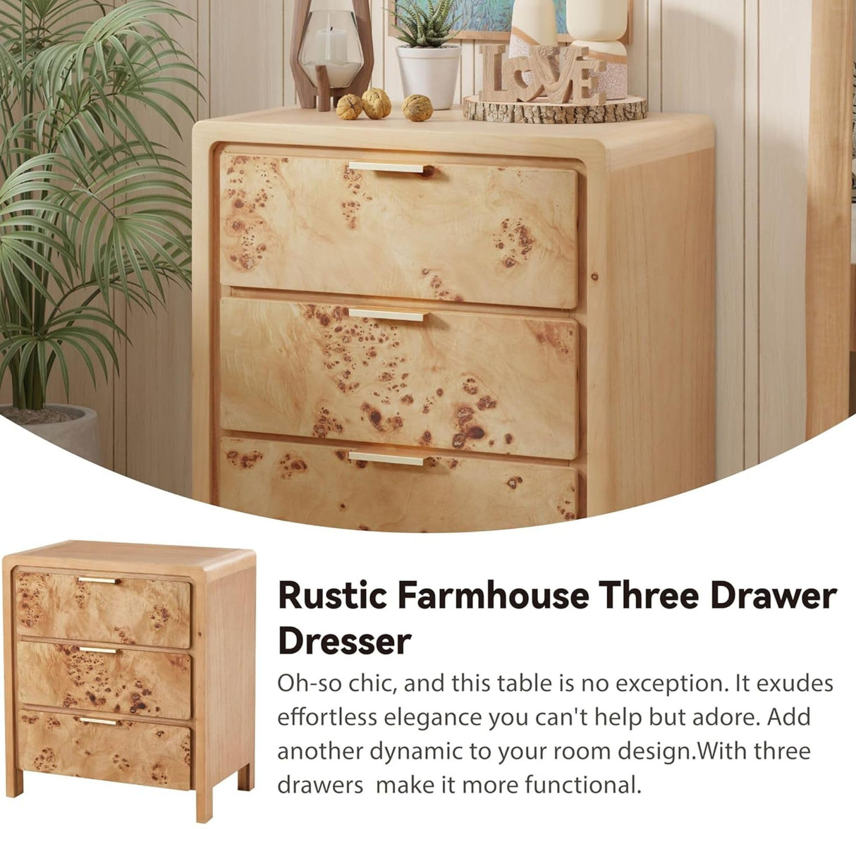 Burl Finish 3 Drawer Nightstand, Wood Rustic Farmhouse Dresser, Vintage Accent Storage Bedside Table for Bedroom Entryway, Fully Assembled, Natural COZAYH