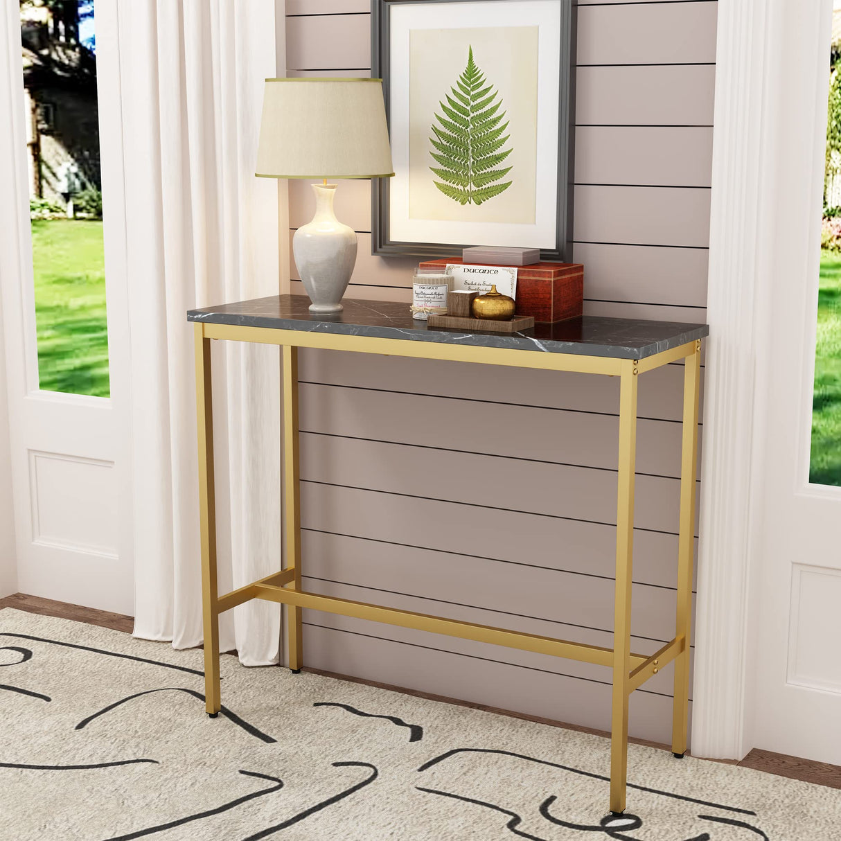 Aklaus 40" Bar Table,Rectangular Industrial Bar Height Table with Sturdy Gold Metal Frame Black Faux Marble Top,Pub Table High Top Dining Table Console Table for Dining Room Living Room Entryway Aklaus