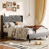 SUNLEI Bed Frame with Wingback Storage Headboard, Queen Size Bed Frame with Charging Station and Velvet Fabric, Strong Wood Slats, Easy Assembly, No Box Spring Needed, Light Grey SUNLEI