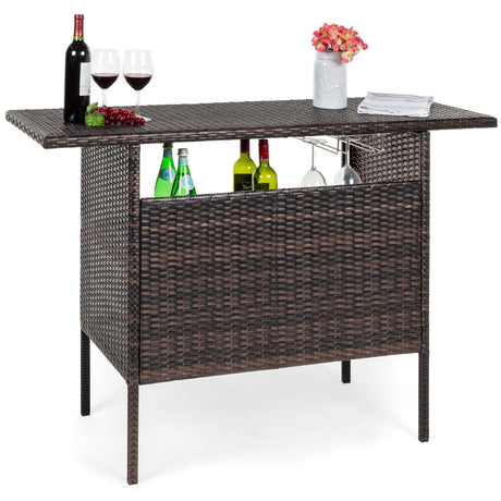 Best Choice Products Outdoor Patio Wicker Bar Counter Table Backyard Furniture w/ 2 Steel Shelves and 2 Sets of Rails - Brown Best Choice Products