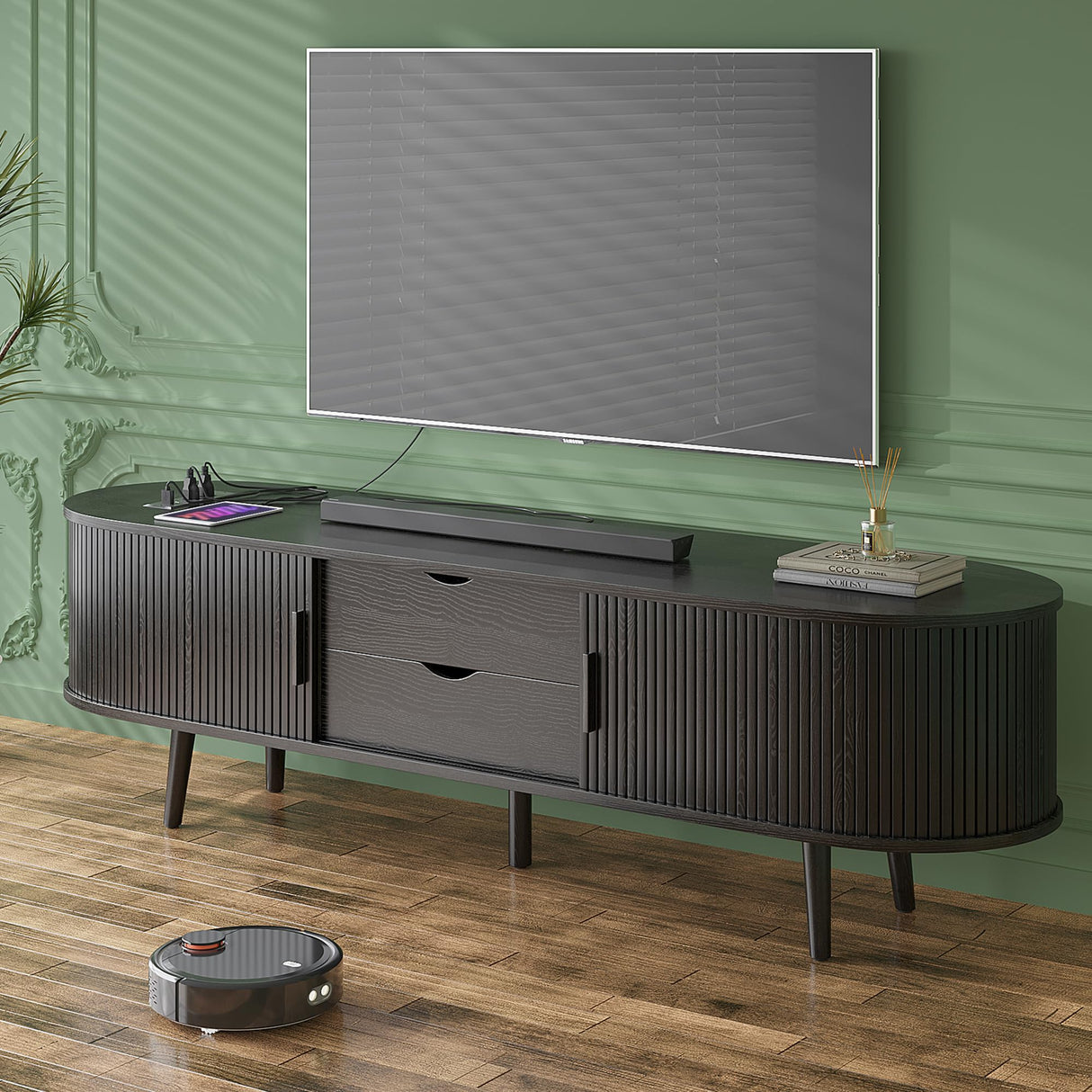 Mid Century Modern TV Stand for 65/55/50 inch TV, Farmhouse TV Stand with Charging Station, Fluted Entertainment Center with Storage and Sliding Doors, TV and Media Consol for Living Room, Black, 59" Syvella