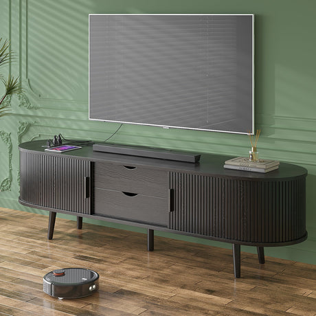 Mid Century Modern TV Stand for 65/55/50 inch TV, Farmhouse TV Stand with Charging Station, Fluted Entertainment Center with Storage and Sliding Doors, TV and Media Consol for Living Room, Black, 59" Syvella