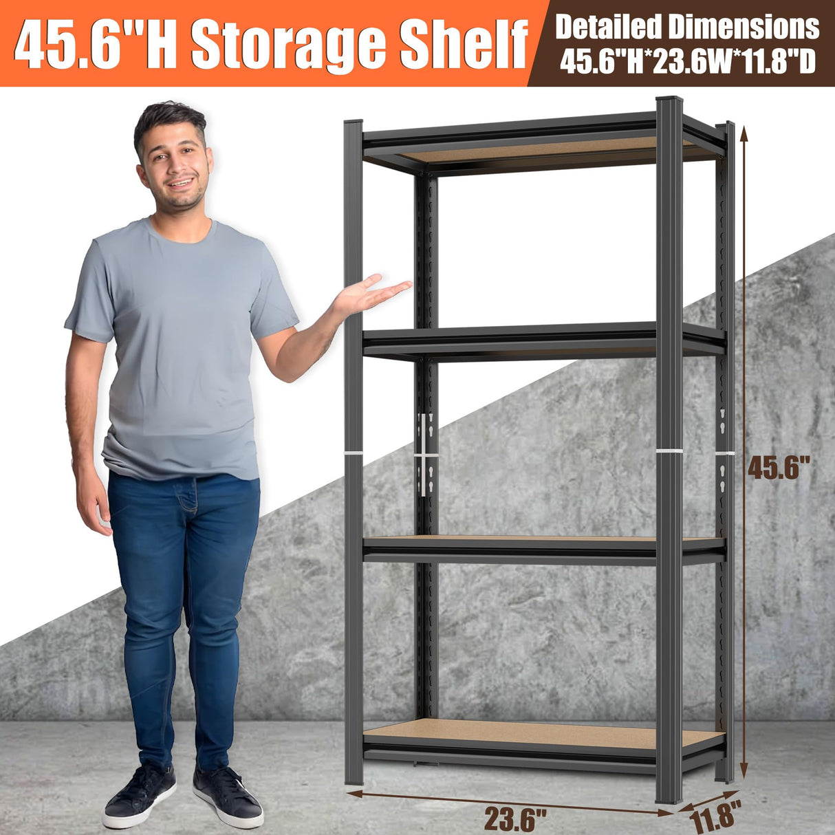 ErgoNova 4 Tier Garage Shelving Wood Storage Shelves 4000 lb Load Capacity Adjustabl Shelf Units 45.6" H*23.6" W*11.8" D Metal Shelving Suitable for Basement Warehouse Pantry,Black ErgoNova
