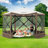 COBIZI 12x12ft Pop up Gazebo Screen Tent Screen House for Camping, Camping Outdoor Screened Gazebo with Mosquito Netting, Portable Hub Tent with Carrying Bag and Ground Stakes, Brown(Upgraded 2.0) COBIZI