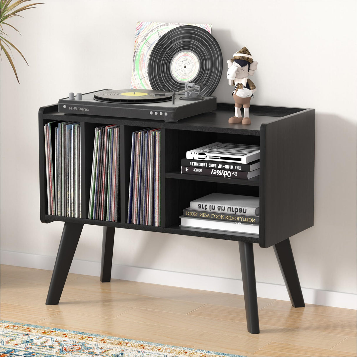 Forevich Record Player Stand Table with Vinyl Storage Holder Large Turntable Record Stand with Power Outlet Holds Up to 220 Albums Display Shelf Cabinet with Wood Legs for Living Room Black Forevich