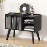 Forevich Record Player Stand Table with Vinyl Storage Holder Large Turntable Record Stand with Power Outlet Holds Up to 220 Albums Display Shelf Cabinet with Wood Legs for Living Room Black Forevich
