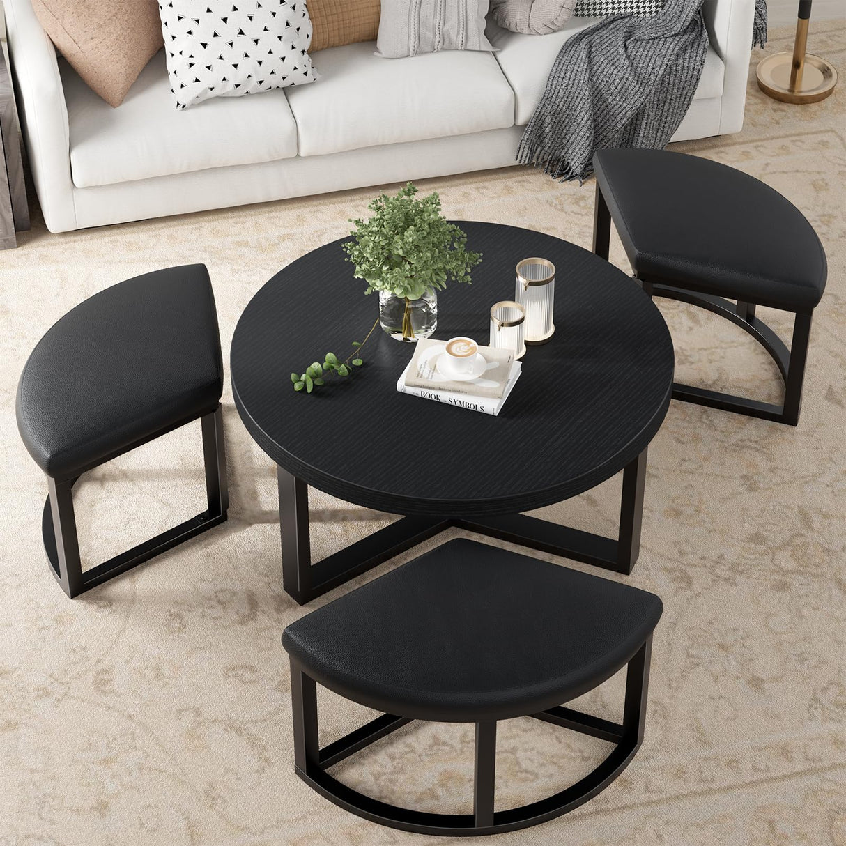 IGERI Round Coffee Table with Stools Underneath - 30 Inch Small Modern Tables Set with 3 Chairs Ottomans Seating Seats Black Wood IGERI