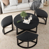 IGERI Round Coffee Table with Stools Underneath - 30 Inch Small Modern Tables Set with 3 Chairs Ottomans Seating Seats Black Wood IGERI