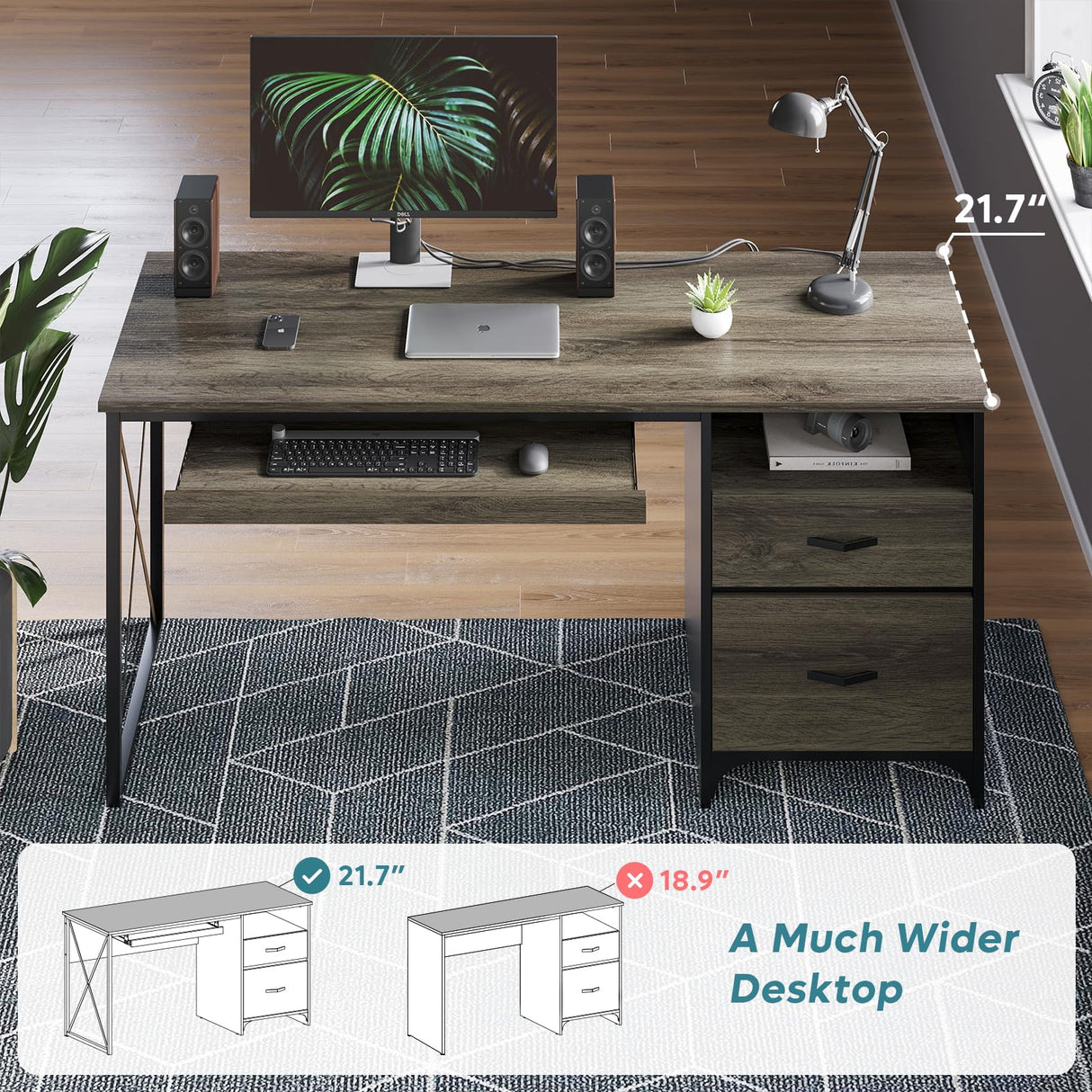 Bestier Office Desk with Drawers, 55 inch Industrial Computer Desk with Storage, Wood Teacher Desk with Keyboard Tray & File Drawer for Home Office, Dark Gray Oak Bestier