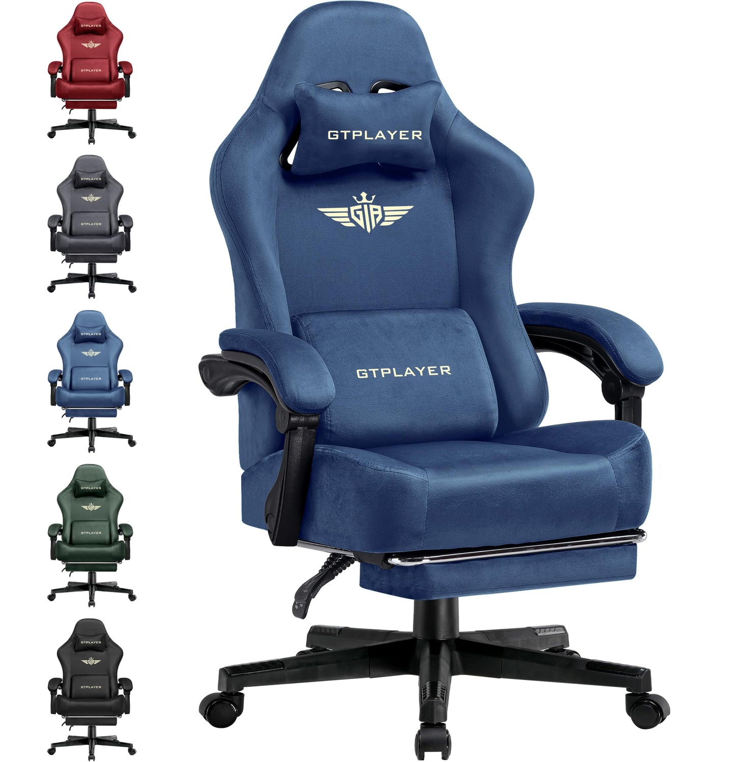 GTPLAYER Gaming Chair Fabric with Pocket Spring Cushion, Big and Tall Gaming Chair 350LBS High Back Computer Chair with Footrest for Adults Lumbar Support Swivel Game Chair for Office Gaming Blue