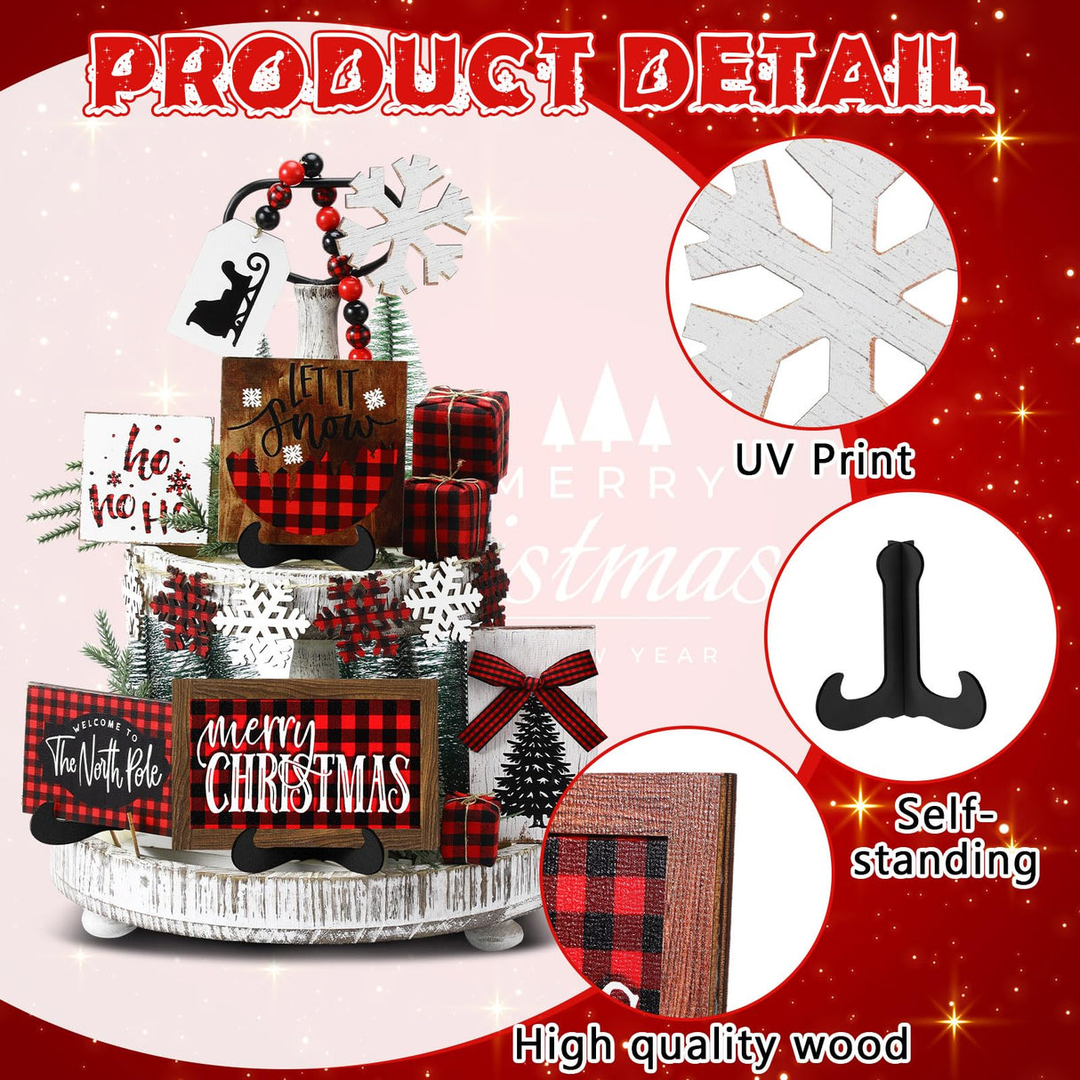 GlikCeil 20 Pcs Rustic Christmas Tiered Tray Decor Red and Black Buffalo Plaid Wooden Tiered Tray Decor for Farmhouse Christmas Winter Snowflake Wooden Table Centerpiece Sign Xmas Gift for Home Shelf GlikCeil