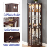 lunhung 69" H Corner Curio Cabinet with Light, Corner Glass Display Showcase with Adjustable Shelves & Glass Doors, Wooden Accent Storage Curio Storage Rack for Living Room (Dark Cherry) lunhung