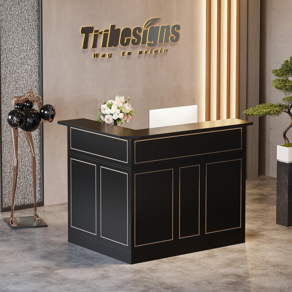 Tribesigns Bar Cabinet, L-Shaped Home Bar Table with Stemware Racks, 4-Tier Corner Bar Unit Liquor Wine Bar Table Reception Desk for Home Pub, Black Tribesigns