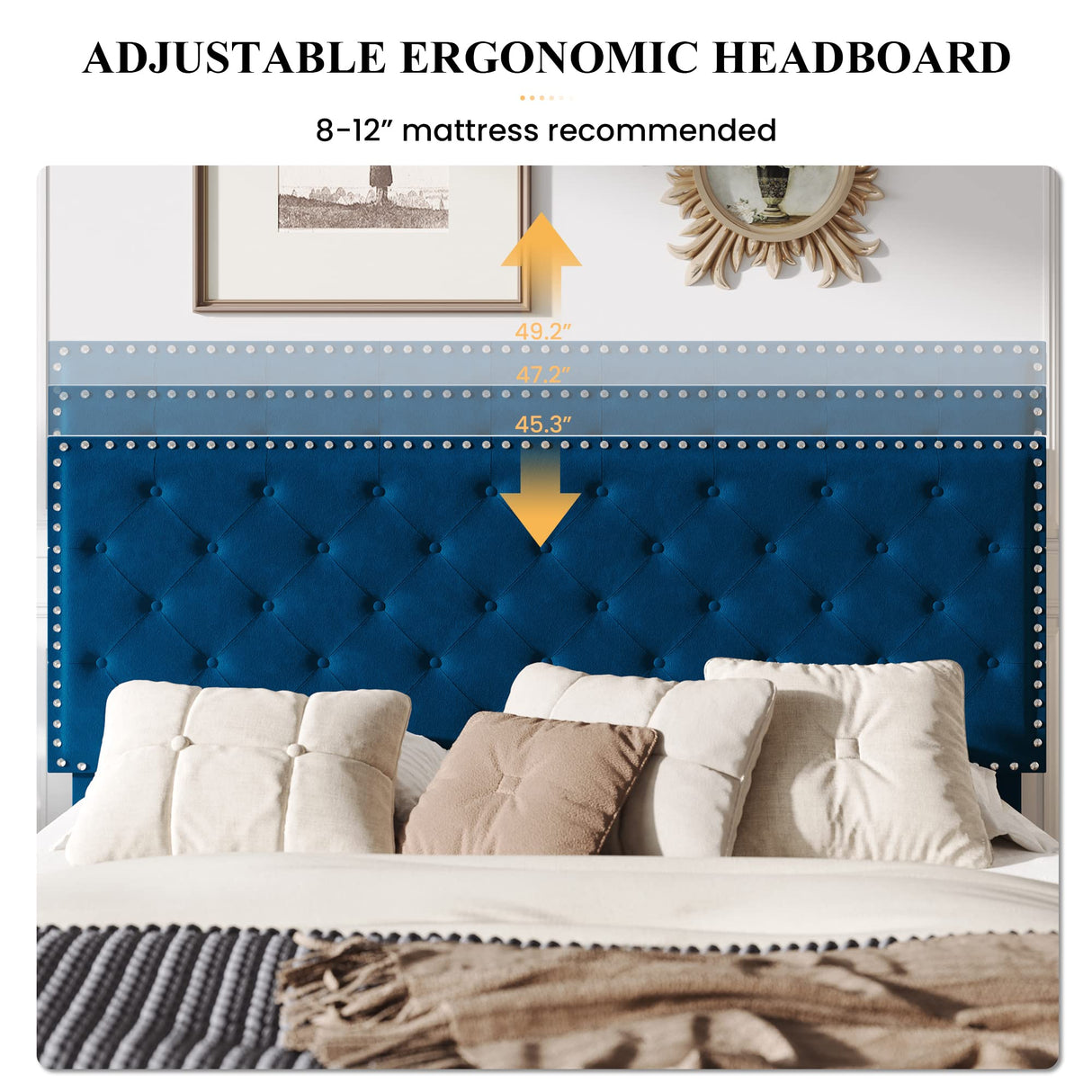 SHA CERLIN King Size Velvet Bed Frame with Adjustable Headboard, Diamond Button Tufted and Rivet Decor, No Box Spring Needed, Blue SHA CERLIN