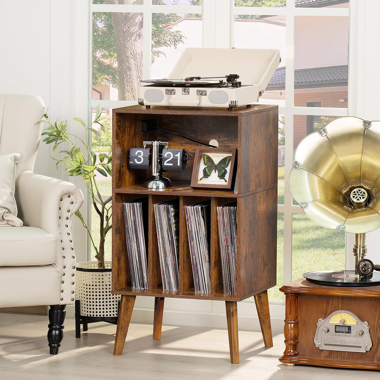 Lerliuo Record Player Stand with Charging Station, Brown Turntable Stand Holds up to 160 Albums, Mid-Century Vinyl Storage Cabinet Table with Wood Legs, Record Holder Dispaly Shelf for Living Room Lerliuo
