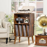 Lerliuo Record Player Stand with Charging Station, Brown Turntable Stand Holds up to 160 Albums, Mid-Century Vinyl Storage Cabinet Table with Wood Legs, Record Holder Dispaly Shelf for Living Room Lerliuo