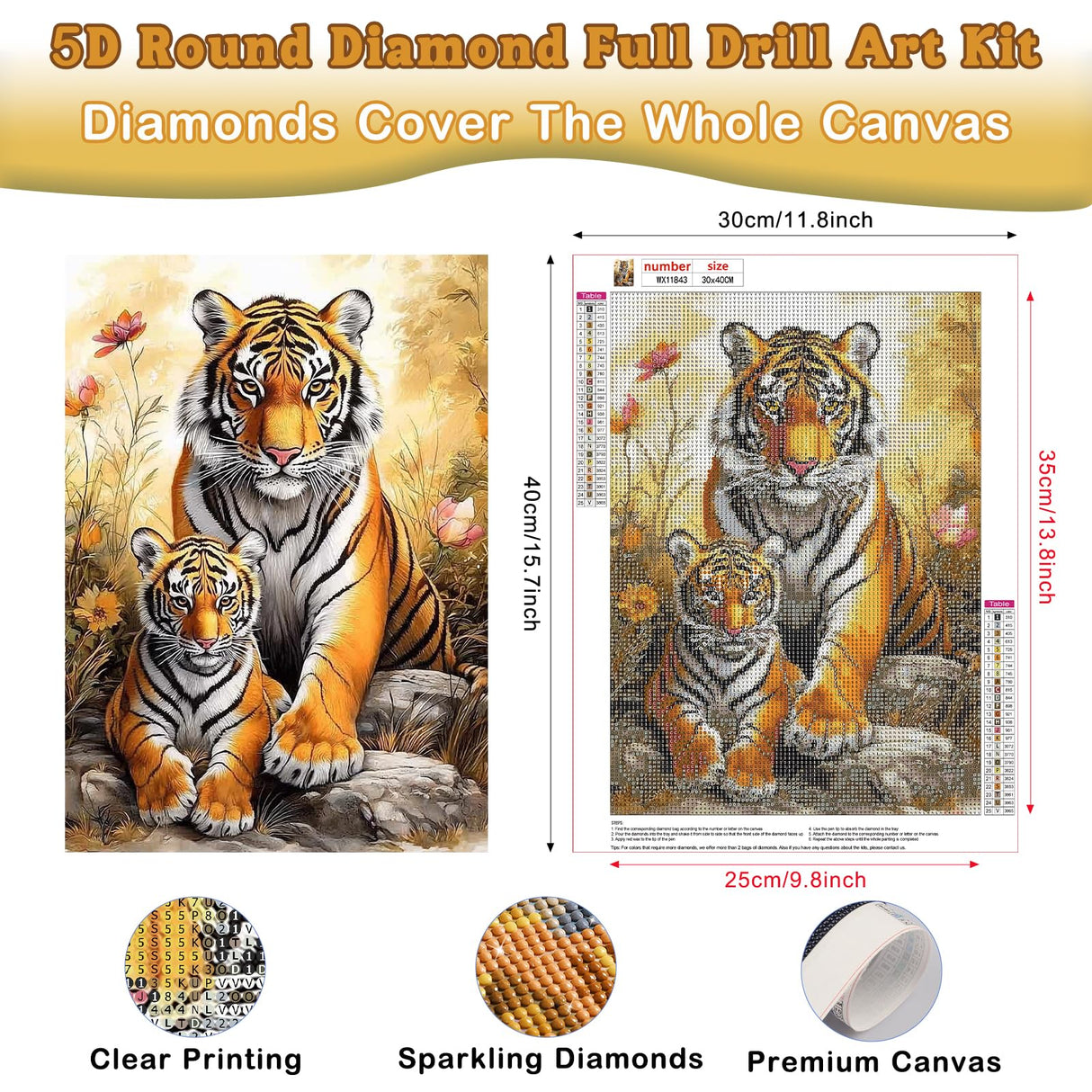 Genius maker Tiger Diamond Painting Kits for Adults, 5D Animal Diamond Art Kits for Beginners DIY Full Drill Diamonds Painting Pictures, Diamond Gem Art Painting DIY Crafts Kit Decor 12x16inch Genius maker