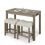 3-Piece Allamazing Natural Counter Height Bar Table Set with USB Ports and 2 Fabric Padded Stools allamazing