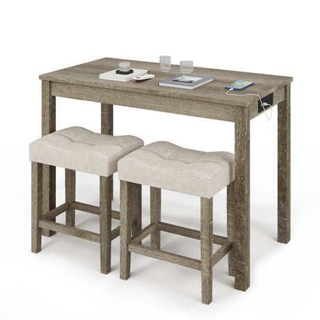 3-Piece Allamazing Natural Counter Height Bar Table Set with USB Ports and 2 Fabric Padded Stools allamazing