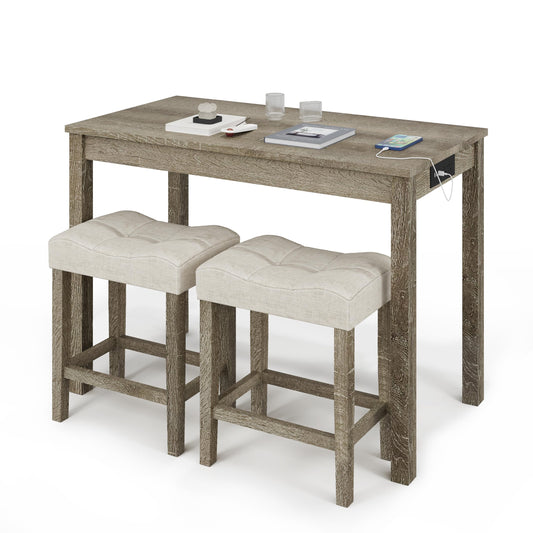 3-Piece Allamazing Natural Counter Height Bar Table Set with USB Ports and 2 Fabric Padded Stools - WoodArtSupply