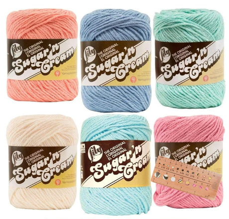 Variety Assortment Lily Sugar 'n Cream Yarn Bundle 100% Cotton Worsted #4 Weight Solids & Ombres with Needle Gauge (Mix 241) Craft Bunch
