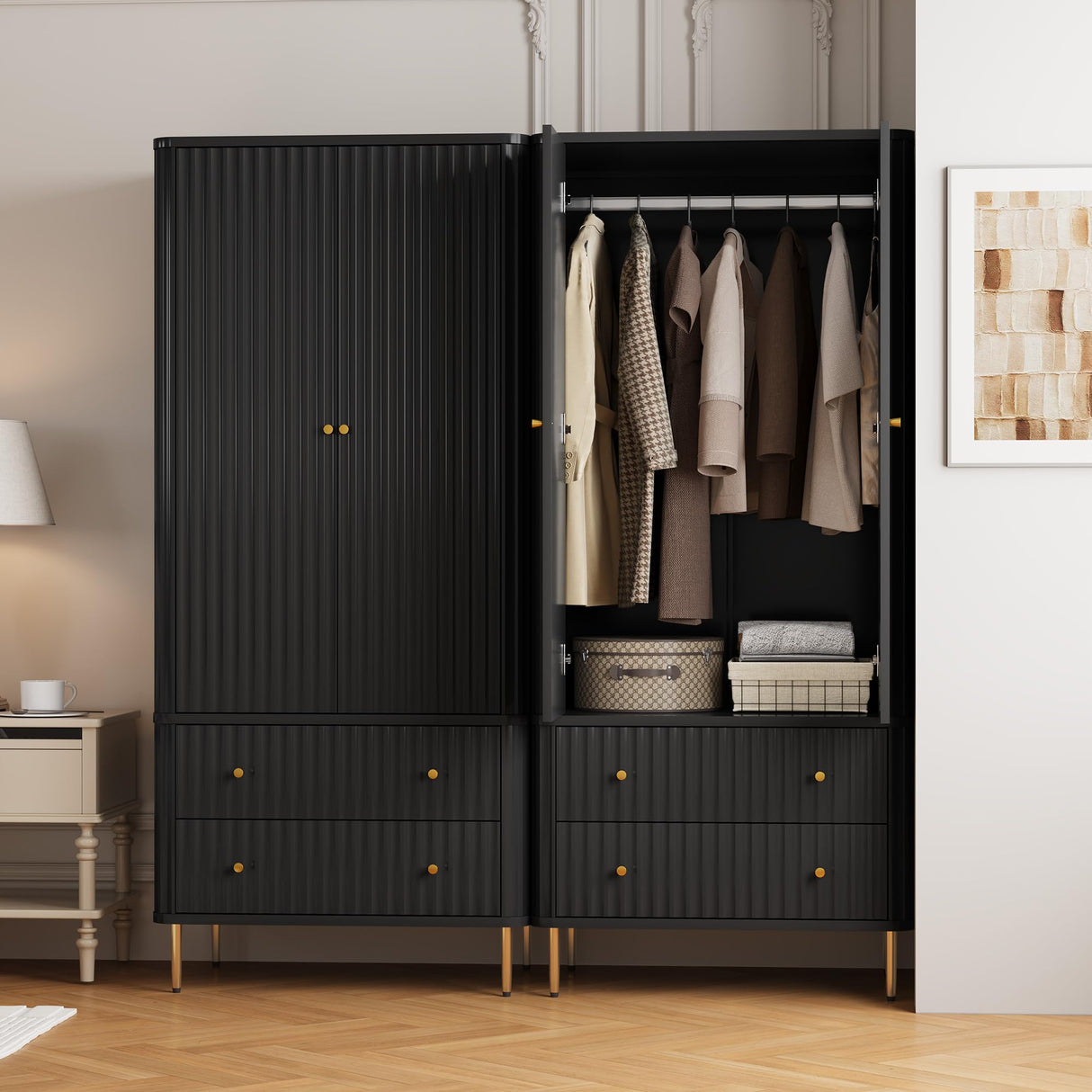 HLR Armoire Wardrobe Closet with Drawers, 72" Tall Modern Bedroom Armoire with Hanging Rod, Large freestanding Wooden Wardrobe Cabinet for Bedroom, Cloak Room (Black) HLR