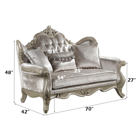 Acme Libertee Upholstered Loveseat with 3 Pillows in Beige and Champagne Acme