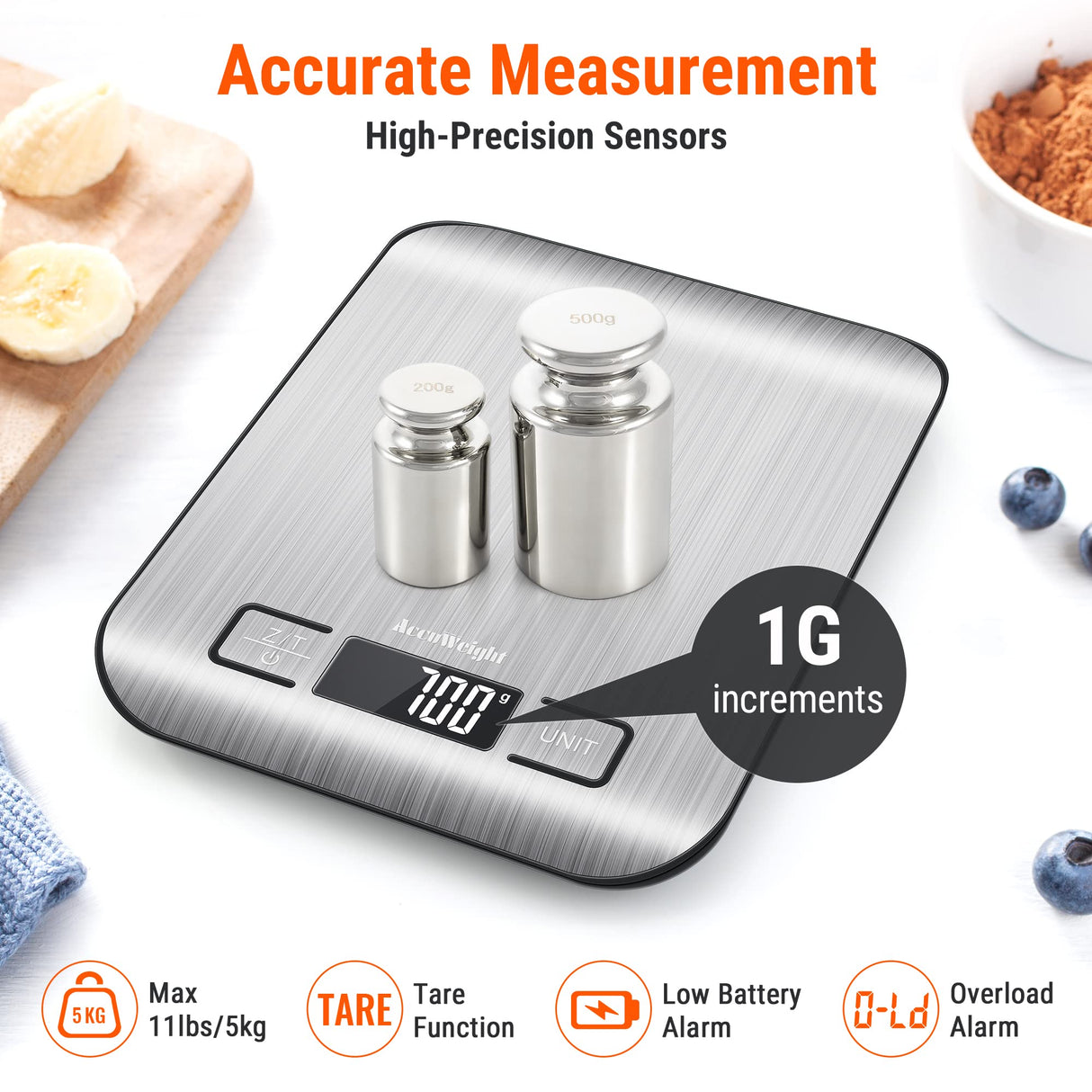 AccuWeight 211 Digital Kitchen Food Scale for Cooking Baking Coffee Scale 5000g by 1g with Tare and LCD Display Food Weight Scale, 8.11×6.42×1.18" Silvery AccuWeight