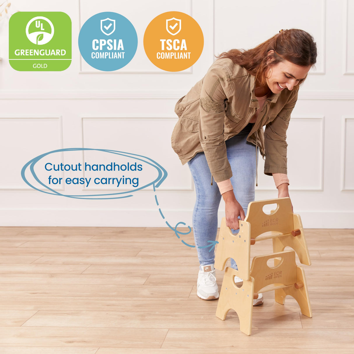 ECR4Kids Stackable Wooden Toddler Chair, 6in, Kids Furniture, Natural, 2-Pack ECR4Kids