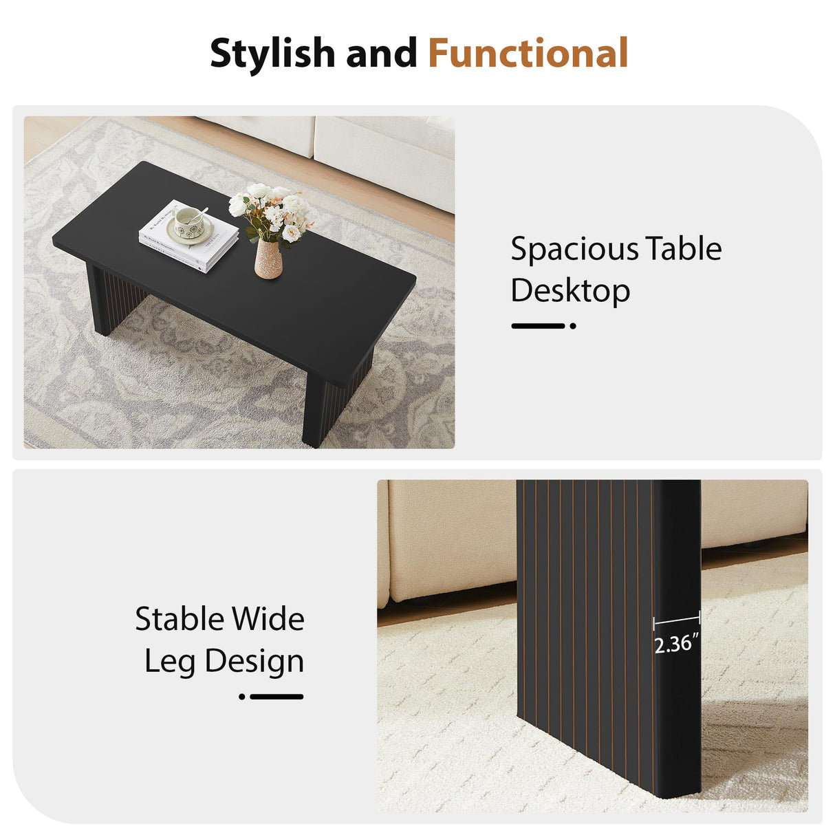 AVZEAR 43Inch Fluted Wooden Coffee Table for Living Room, Mid Century Modern Coffee Table with Sturdy Fluted Legs & Rounded Corner, Curved Rectangle Center Table for Home, Office, Cafe, Black AVZEAR