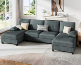JY QAQA Sectional Couche with Soft Cushion, U-Shaped Sofa with Double Chaise, 4-Seat Linen Fabric Sofa Sets for Living Room, Apartment, Grey JY QAQA PET