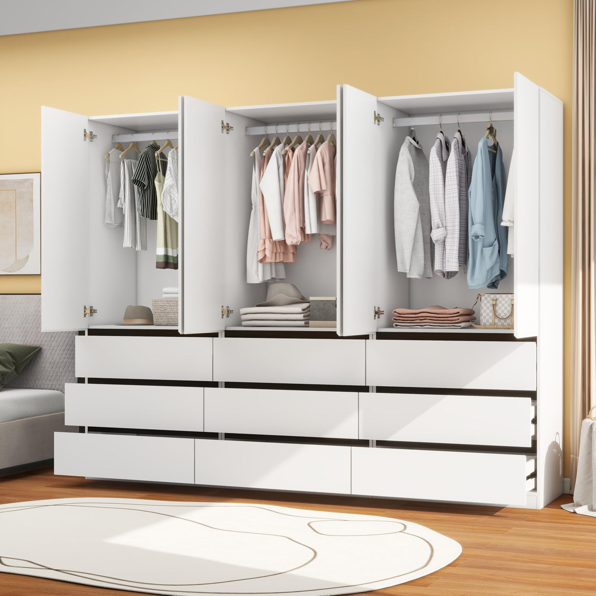 LABROSKIA Bedroom Armoire Wardrobe Closet with 9 Drawers: White Wardrobe Closet with 6 Doors, Modern Cabinet for Clothes with Shelves, Wooden Armoire for Hanging Clothes (Modern, 3) LABROSKIA