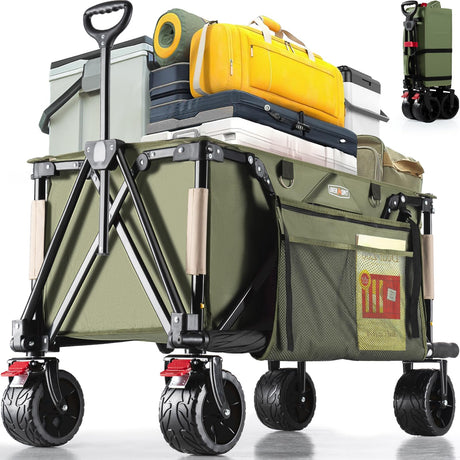 Overmont Collapsible Wagon Cart with Wheels - Foldable Heavy Duty Wagon with Big All-Terrain Wheels - 330Lbs Weight Capacity with Side Pockets for Camping Sports Garden Grocery Shopping Green Overmont