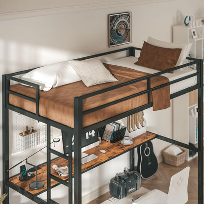 LIKIMIO Twin Loft Bed with Desk, Power Outlet, LED Lights – Space-Saving Metal Frame in Black - WoodArtSupply